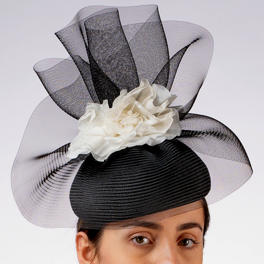 Beloved Millinery Couture Black White Flower Pillbox Hat Church Funeral Brunch